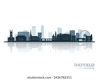 Sheffield skyline silhouette with reflection. Landscape Sheffield, UK. Vector illustration.