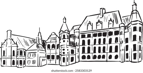 Sheffield Town Hall, Sheffield, England black and white ink sketch. Majestic Victorian Gothic architecture with an ornate clock tower and intricate stonework. Tourism, travel, and cultural heritage.