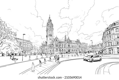 Sheffield Town hall. England. United Kingdom. Europe. Hand drawn sketch. Vector illustration.