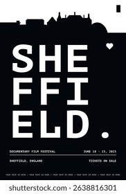Sheffield typography minimalist vector poster for national event, cultural or music festival, public holiday layout. Brochure, leaflet, flyer, presentation image template for England, UK city