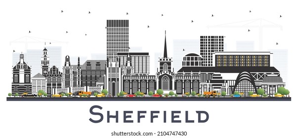 Sheffield UK City Skyline with Color Buildings Isolated on White. Vector Illustration. Sheffield South Yorkshire Cityscape with Landmarks. Travel and Tourism Concept with Historic Architecture.
