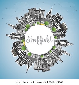 Sheffield UK City Skyline with Color Buildings, Blue Sky and Copy Space. Vector Illustration. Sheffield South Yorkshire Cityscape with Landmarks. Travel and Tourism Concept with Historic Architecture.