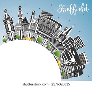 Sheffield UK City Skyline with Color Buildings, Blue Sky and Copy Space. Vector Illustration. Sheffield South Yorkshire Cityscape with Landmarks. Travel and Tourism Concept with Historic Architecture.