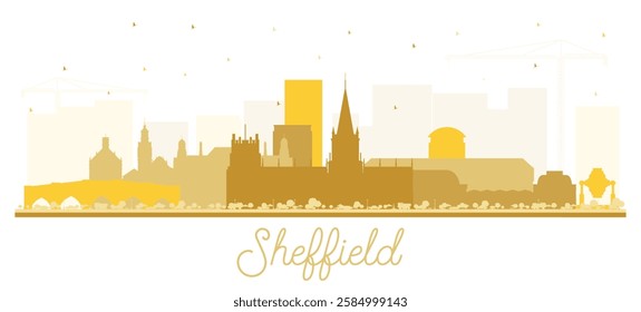 Sheffield UK City Skyline Silhouette with golden Buildings Isolated on White. Vector Illustration. Sheffield South Yorkshire Cityscape with Landmarks. Tourism Concept with Historic Architecture.