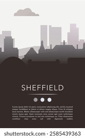 Sheffield UK city template for website, presentation, front page, invitation, publication sheet with skyline, landmarks. Vector England, United Kingdom image layout, simple and grayscale