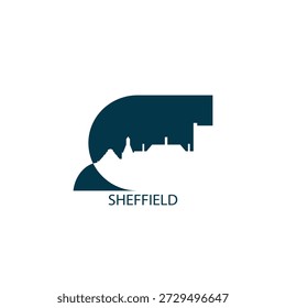 Sheffield vector icon with skyline, panoramic view, outlook shape. England UK city landmarks logo concept. Flat isolated graphic, badge