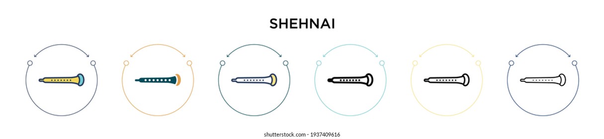 Shehnai icon in filled, thin line, outline and stroke style. Vector illustration of two colored and black shehnai vector icons designs can be used for mobile, ui, web