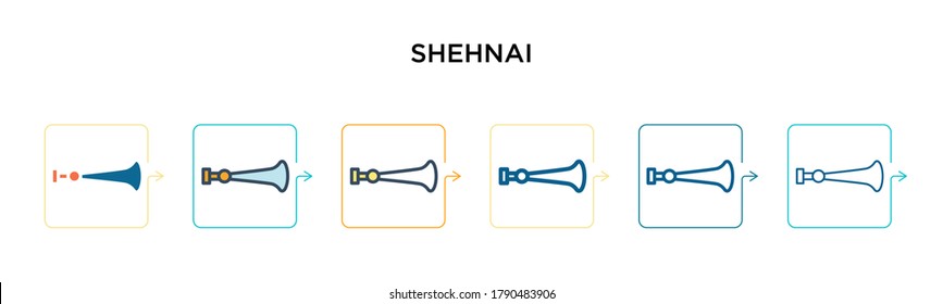 Shehnai vector icon in 6 different modern styles. Black, two colored shehnai icons designed in filled, outline, line and stroke style. Vector illustration can be used for web, mobile, ui