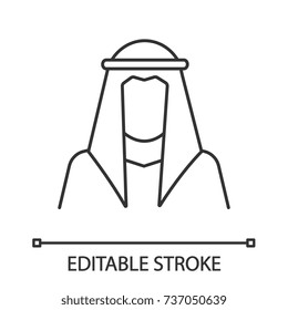 Sheikh silhouette linear icon. Muslim traditional clothes. Thin line illustration. Arab, turk. Islamic culture. Contour symbol. Vector isolated outline drawing. Editable stroke