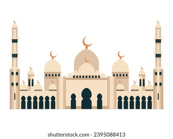 Gran Mezquita Sheikh Zayed en Abu Dhabi. Famosa mezquita islámica y punto de referencia popular con símbolos de la media luna y las estrellas. Ilustración vectorial de diseño plano de la construcción religiosa.