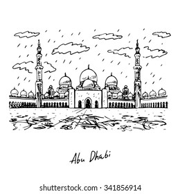 Sheikh Zayed Grand Mosque in Abu Dhabi, UAE. Vector hand drawn sketch