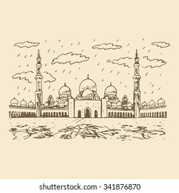 Sheikh Zayed Grand Mosque in Abu Dhabi, UAE. Vector hand drawn sketch