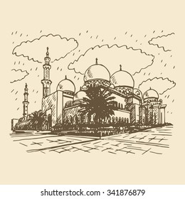 Sheikh Zayed Grand Mosque in Abu Dhabi, United Arab Emirates. Vector hand drawn sketch