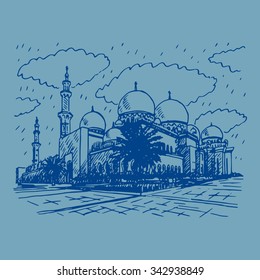 Sheikh Zayed Grand Mosque in Abu Dhabi, United Arab Emirates. Vector hand drawn sketch