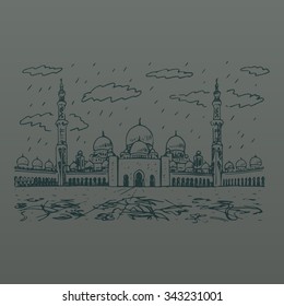 Sheikh Zayed Grand Mosque in Abu Dhabi, UAE. Vector hand drawn sketch