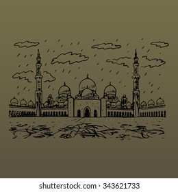 Sheikh Zayed Grand Mosque in Abu Dhabi, UAE. Vector hand drawn sketch