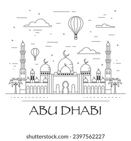 Sheikh Zayed Grand Mosque line art scene with Abu Dhabi architectural monument. Famous Islamic mosque and popular landmark with crescent and stars symbols.