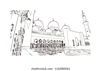 Sheikh Zayed Grand Mosque is located in Abu Dhabi, the capital city of the United Arab Emirates. Hand drawn sketch illustration in vector.