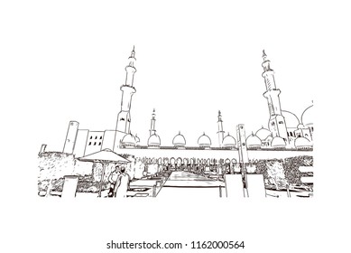 Sheikh Zayed Grand Mosque is located in Abu Dhabi, the capital city of the United Arab Emirates. Hand drawn sketch illustration in vector.