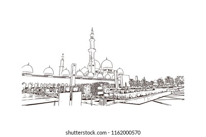 Sheikh Zayed Grand Mosque is located in Abu Dhabi, the capital city of the United Arab Emirates. Hand drawn sketch illustration in vector.