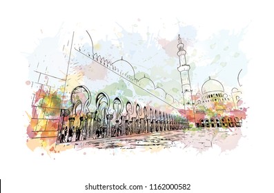 Sheikh Zayed Grand Mosque is located in Abu Dhabi, the capital city of the United Arab Emirates. Watercolor splash with Hand drawn sketch illustration in vector.