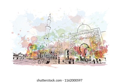 Sheikh Zayed Grand Mosque is located in Abu Dhabi, the capital city of the United Arab Emirates. Watercolor splash with Hand drawn sketch illustration in vector.