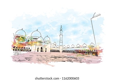 Sheikh Zayed Grand Mosque is located in Abu Dhabi, the capital city of the United Arab Emirates. Watercolor splash with Hand drawn sketch illustration in vector.
