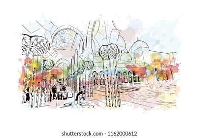 Sheikh Zayed Grand Mosque is located in Abu Dhabi, the capital city of the United Arab Emirates. Watercolor splash with Hand drawn sketch illustration in vector.
