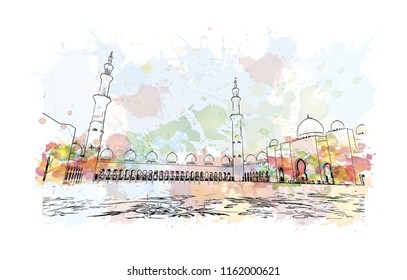 Sheikh Zayed Grand Mosque is located in Abu Dhabi, the capital city of the United Arab Emirates. Watercolor splash with Hand drawn sketch illustration in vector.