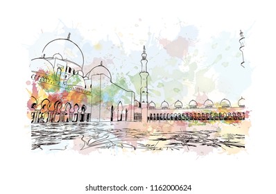 Sheikh Zayed Grand Mosque is located in Abu Dhabi, the capital city of the United Arab Emirates. Watercolor splash with Hand drawn sketch illustration in vector.