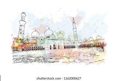Sheikh Zayed Grand Mosque is located in Abu Dhabi, the capital city of the United Arab Emirates. Watercolor splash with Hand drawn sketch illustration in vector.