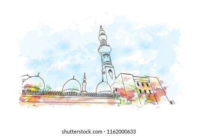 Sheikh Zayed Grand Mosque is located in Abu Dhabi, the capital city of the United Arab Emirates. Watercolor splash with Hand drawn sketch illustration in vector.