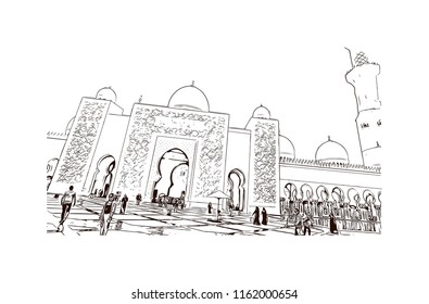 Sheikh Zayed Grand Mosque is located in Abu Dhabi, the capital city of the United Arab Emirates. Hand drawn sketch illustration in vector.