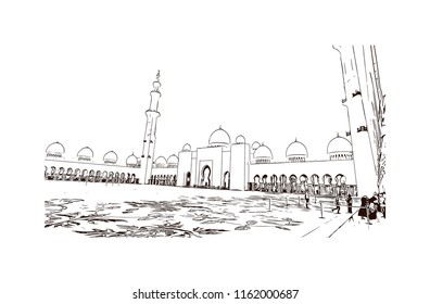 Sheikh Zayed Grand Mosque is located in Abu Dhabi, the capital city of the United Arab Emirates. Hand drawn sketch illustration in vector.