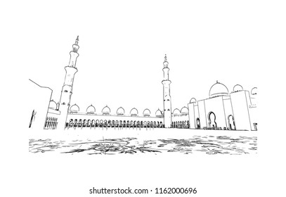 Sheikh Zayed Grand Mosque is located in Abu Dhabi, the capital city of the United Arab Emirates. Hand drawn sketch illustration in vector.