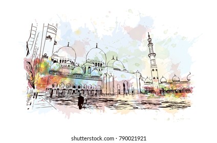 Sheikh Zayed Grand Mosque Watercolor splash with sketch - UAE ( United Arab Emirates )