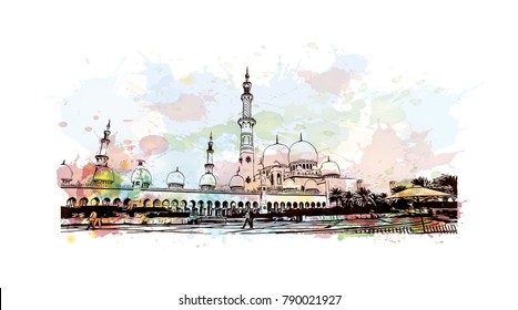 Sheikh Zayed Grand Mosque Watercolor splash with sketch - UAE ( United Arab Emirates )