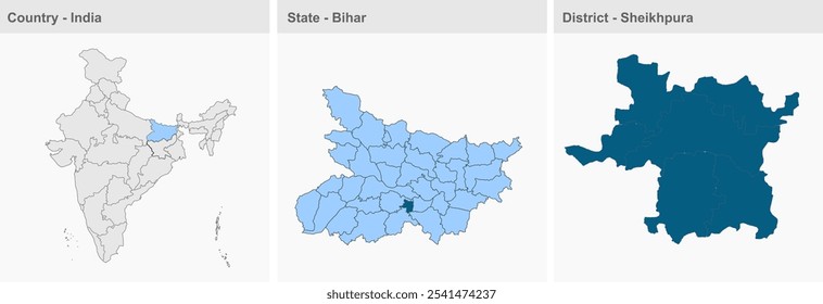 Mapa do distrito de Sheikhpura (Estado de Bihar, República da Índia) ,Distrito de Sheikhpura, Estado de Bihar, República da Índia, Governo de Bihar, território indiano, Índia oriental, política, aldeia, turismo