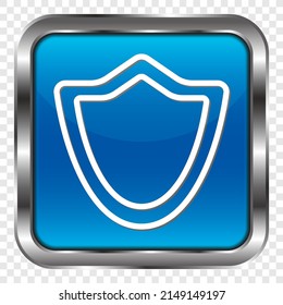 Sheild protection simple icon. Flat design. Metal, blue square button. Transparent grid.ai