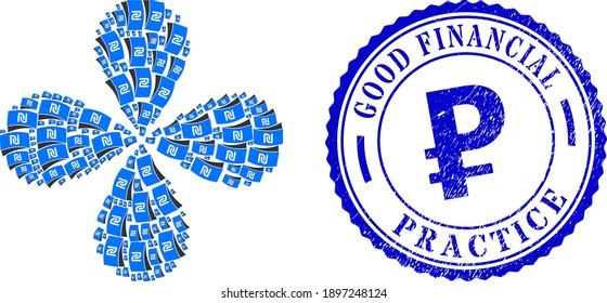Shekel banknote curl abstract flower, and blue round GOOD FINANCIAL PRACTICE rough seal with icon inside. Object flower created from oriented shekel banknote symbols.