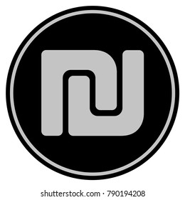 Shekel black coin icon. Vector style is a flat coin symbol using black and light gray colors.