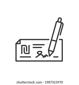 Shekel cheque line icon isolated on white background. Vector illustration