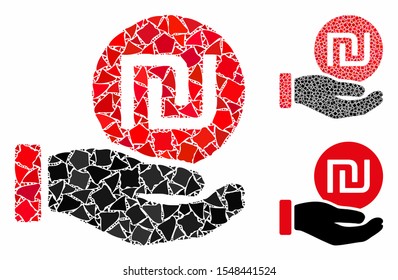 Shekel coin payment composition of humpy pieces in different sizes and color hues, based on shekel coin payment icon. Vector tremulant pieces are combined into collage.