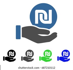 Shekel Coin Payment Hand flat vector pictogram. Colored shekel coin payment hand gray, black, blue, green icon variants. Flat icon style for application design.