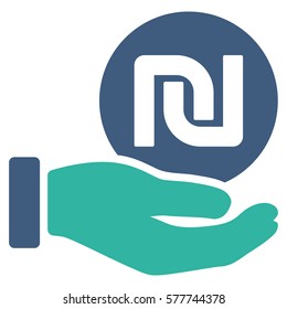 Shekel Coin Payment Hand vector pictogram. Illustration style is a flat iconic bicolor cobalt and cyan symbol on white background.