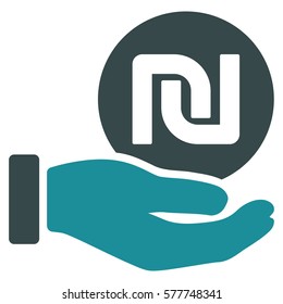Shekel Coin Payment Hand vector pictograph. Illustration style is a flat iconic bicolor soft blue symbol on white background.