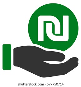 Shekel Coin Payment Hand vector pictogram. Illustration style is a flat iconic bicolor green and gray symbol on white background.
