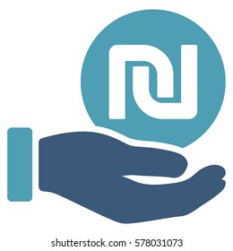 Shekel Coin Payment Hand vector pictograph. Illustration style is a flat iconic bicolor cyan and blue symbol on white background.