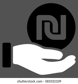 Shekel Coin Payment Hand vector pictograph. Illustration style is a flat iconic bicolor black and white symbol on gray background.