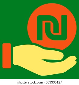 Shekel Coin Payment Hand vector pictogram. Illustration style is a flat iconic bicolor orange and yellow symbol on green background.
